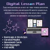 Digital Out of This World dance lesson plan with laptop phone stars and rocket for preschool ages 3 to 5