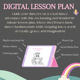 Digital dance lesson plan for preschoolers featuring a tablet with movement cards, warm ups, playlist, sticker charts, and coloring pages. A 60-minute royal dance adventure for ages 3-5 teaching tap, ballet, and jazz.
