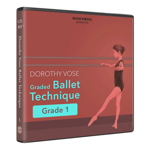 A CD case for 'Dorothy Vose Graded Ballet Technique Grade 1' by MusicWorld, featuring a reddish-brown cover with a dancer illustration and white and teal text.