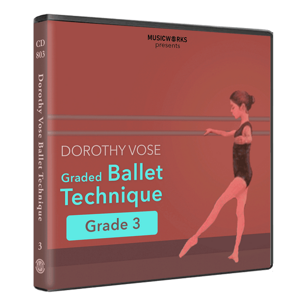 A CD case for 'Dorothy Vose Graded Ballet Technique Grade 3' by MusicWorks, featuring a reddish-brown cover with a dancer illustration and white and teal text.