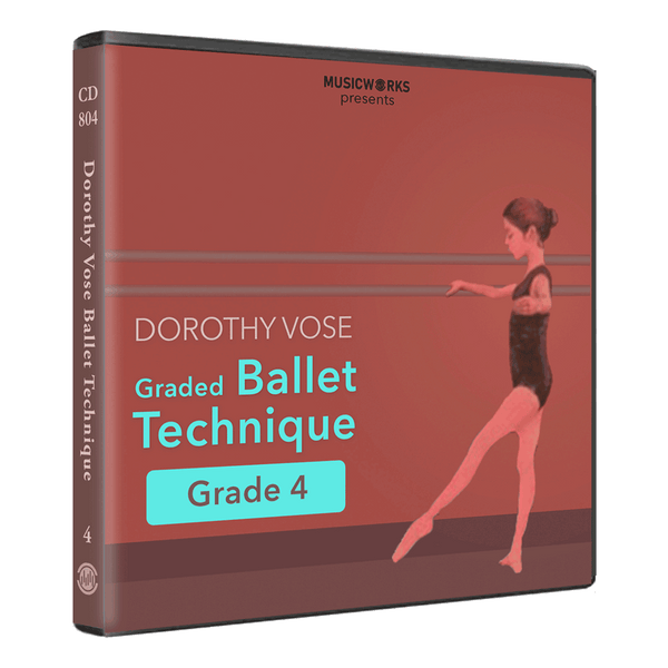 A CD case for 'Dorothy Vose Graded Ballet Technique Grade 4' by MusicWorks, featuring a reddish-brown cover with a dancer illustration and white and teal text