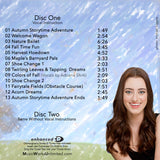 Back Cover of a digital audio download product called “Fall Storytime Dance with Miss Shay Shay” showing a picture of the creator, Shalynne Armstrong, and the track list on a blue and white water-textured background.