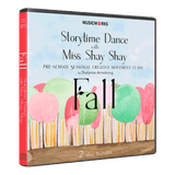 Fall Storytime Dance with Miss Shay Shay 2-disc CD bundle by Shalynne Armstrong – preschool seasonal creative movement class with colorful trees and a clouded blue sky illustration.