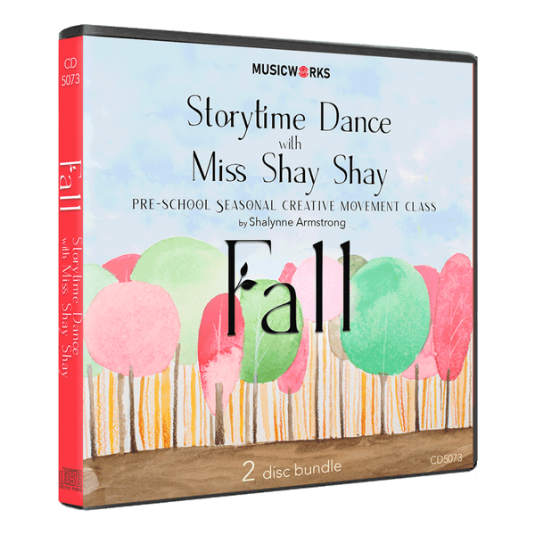 Fall Storytime Dance with Miss Shay Shay 2-disc CD bundle by Shalynne Armstrong – preschool seasonal creative movement class with colorful trees and a clouded blue sky illustration.
