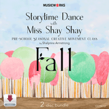 Fall Storytime Dance with Miss Shay Shay digital audio bundle by Shalynne Armstrong – preschool seasonal creative movement class with colorful trees and a clouded blue sky illustration.