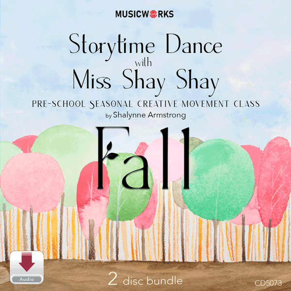 Fall Storytime Dance with Miss Shay Shay digital audio bundle by Shalynne Armstrong – preschool seasonal creative movement class with colorful trees and a clouded blue sky illustration.