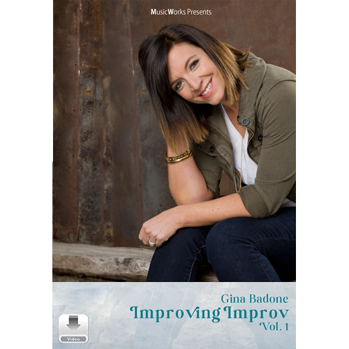 Cover art for 'Improving Improv' by Gina Badone featuring a portrait of the artist with a backdrop of a rusty metal object. The album/video is presented by MusicWorks and indicates its volume 1.
