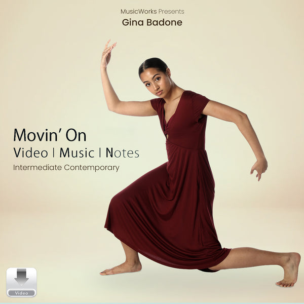 Movin’ On by Gina Badone – intermediate contemporary dance cover featuring a dancer in a burgundy dress in a low extended pose