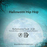 Back cover of Halloween Hip Hop by Heidi Jarrett with performance track and choreography details.