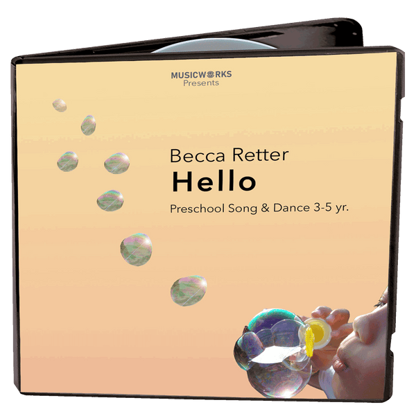 A square album cover for 'Becca Retter Hello' by MusicWorks Presents, featuring a warm beige background with floating iridescent bubbles and a partial photo of a child blowing bubbles in the lower right corner.
