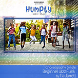 'Humpty' video and music by Tia Jarrett, featuring a stylized illustration of children dancing together in a colorful, painterly frame. The top text reads 'MUSICWORKS presents Humpty Video | Music' and the bottom text reads 'Choreography Single Beginner Jazz Funk by Tia Jarrett'.