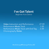 Back cover of I’ve Got Talent beginner acro dance routine showing video, music tracks, and choreography notes included