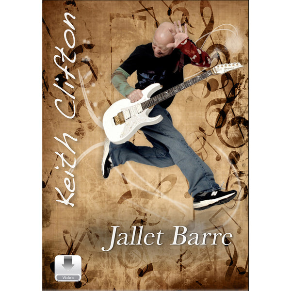 A DVD cover for 'Jallet Barre' by Keith Clifton, featuring a dynamic photo of a bald man in mid-air playing a white electric guitar against a textured brown background with musical notes.