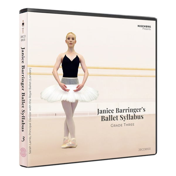 3D mockup of Janice Barringer’s Grade Three Ballet CD with front cover and spine