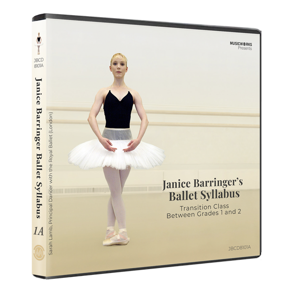3D mockup of Janice Barringer’s Transition Ballet Class 1–2 CD with front cover and spine