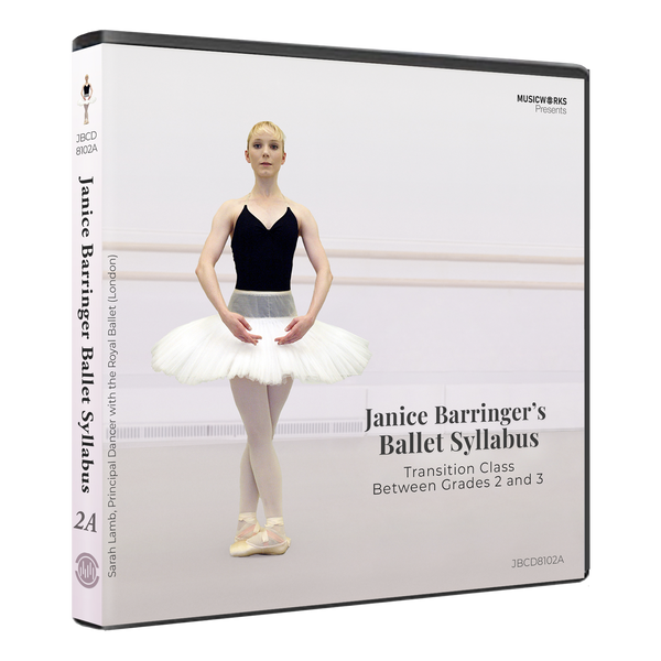 3D mockup of Janice Barringer’s Transition Ballet Class 2-3 CD with front cover and spine