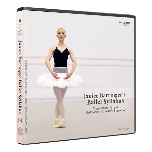 3D mockup of Janice Barringer’s Transition Ballet Class 3-4CD with front cover and spine