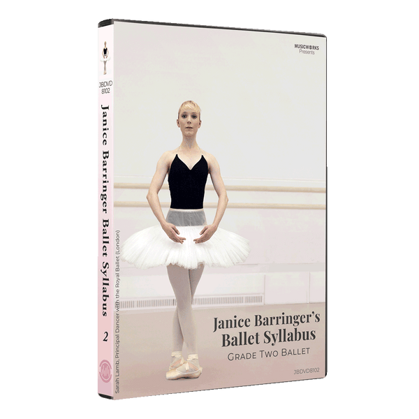 3D mockup of Janice Barringer’s Grade Two Ballet DVD with front cover and spine