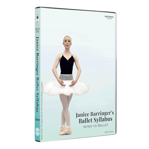3D mockup of Janice Barringer’s Intro Level Ballet DVD with front cover and spine