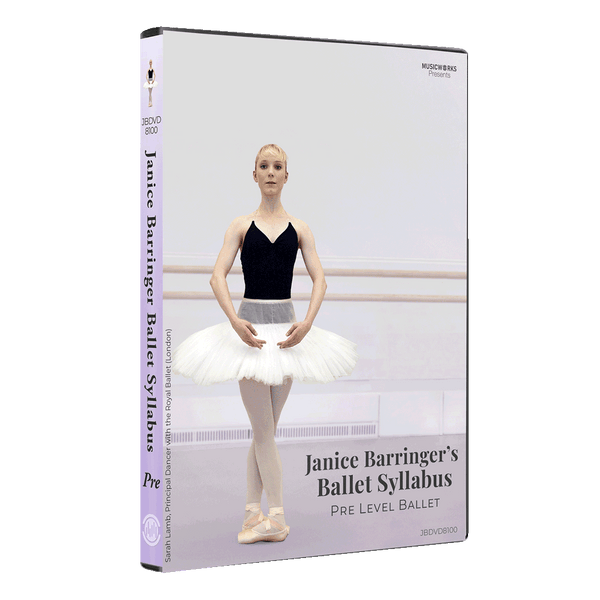3D mockup of Janice Barringer’s Pre-Level Ballet DVD with front cover and spine