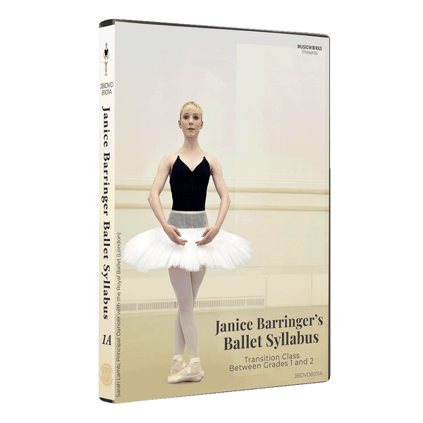 3D mockup of Janice Barringer’s Transition Class Between Grades 1 and 2 Ballet DVD with front cover and spine