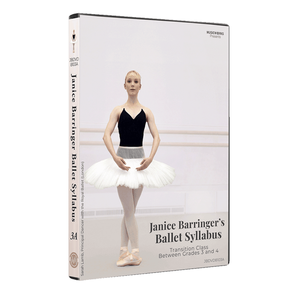 3D mockup of Janice Barringer’s Transition Class Between Grades 3 and 4 Ballet DVD with front cover and spine