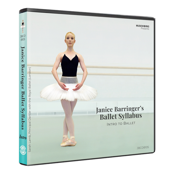 3D mockup of Janice Barringer’s Intro to Ballet Syllabus CD with front cover and spine