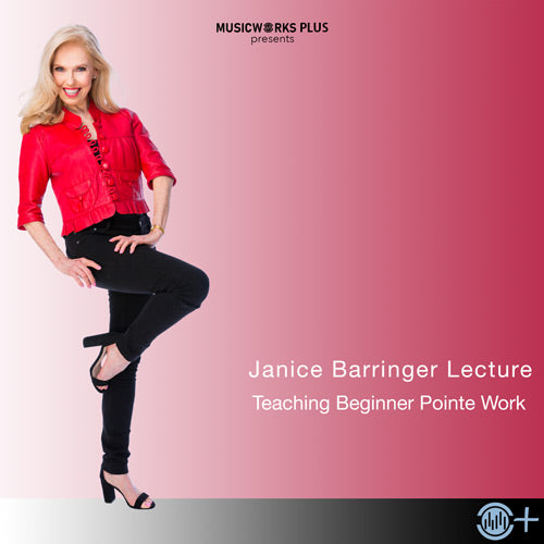 Teaching Beginner Pointe Work by Janice Barringer – lecture cover featuring the instructor against a pink gradient background