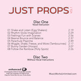 Back cover of Just Props Vol. 1 CD – Preschool Creative Movement by Becca Retter, listing eight prop-based dance tracks with and without vocal instruction.