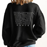 Back of black sweatshirt with “Dance Lessons Are Life Lessons” design listing positive qualities in white text – MusicWorks