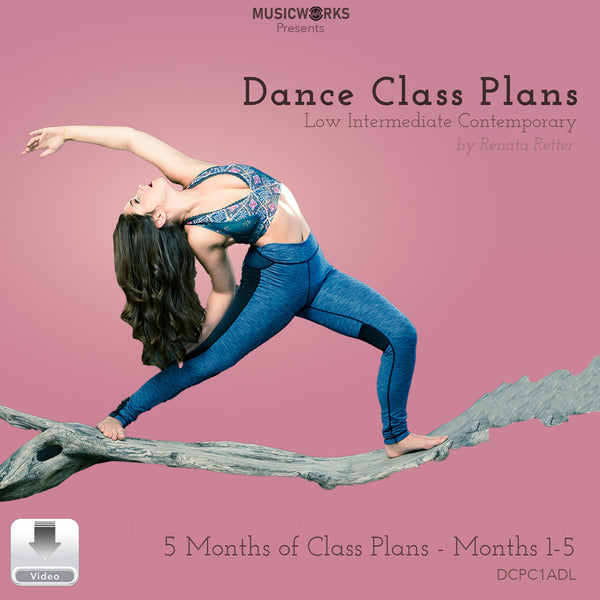 Cover art for Low Intermediate Contemporary Dance Class Plans, months 1-5, by Renata Retter, featuring dancer in a back-arch pose on driftwood, a pink gradient background, and the MusicWorks logo.