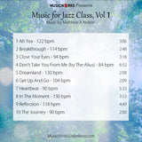 Music for Jazz Class, Vol. 1 by Matthew A. Nelson. Back cover lists ten tracks with tempos and running times over a leafy tree background.
