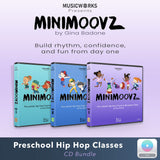 MiniMoovz Preschool Hip Hop Classes CD Bundle cover showing three volumes with illustrated children dancing on colorful cases
