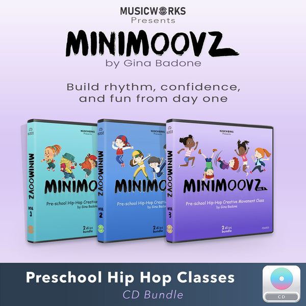 MiniMoovz Preschool Hip Hop Classes CD Bundle cover showing three volumes with illustrated children dancing on colorful cases
