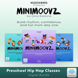 MiniMoovz Preschool Hip Hop Classes Digital Bundle cover showing three volumes with illustrated children dancing on colorful cases