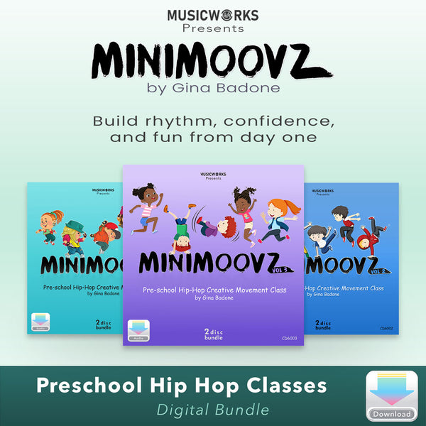 MiniMoovz Preschool Hip Hop Classes Digital Bundle cover showing three volumes with illustrated children dancing on colorful cases