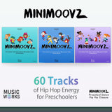 Back cover of MiniMoovz Preschool Hip Hop Classes CD Bundle showing three volumes and 60 tracks of hip hop energy for preschoolers
