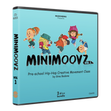 3D case mockup of MiniMoovz Vol. 1 preschool hip-hop CD bundle by Gina Badone