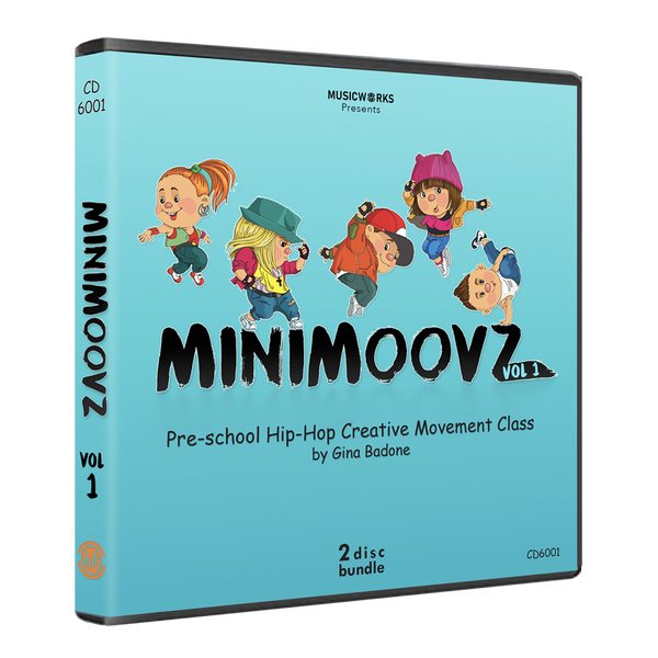 3D case mockup of MiniMoovz Vol. 1 preschool hip-hop CD bundle by Gina Badone