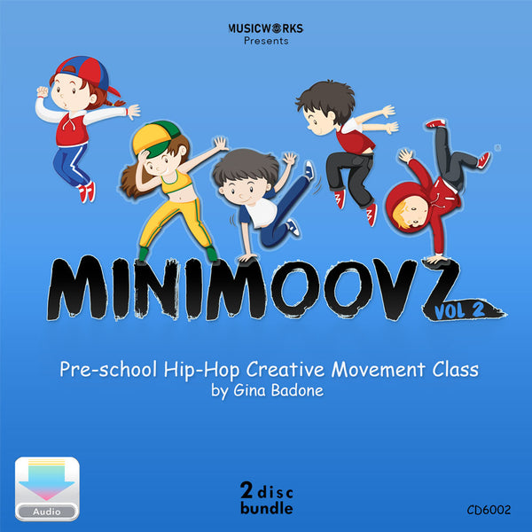 Front cover of MiniMoovz Vol. 2 preschool hip-hop digital download by Gina Badone with cartoon dancers