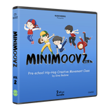 3D case mockup of MiniMoovz Vol. 2 preschool hip-hop CD bundle by Gina Badone