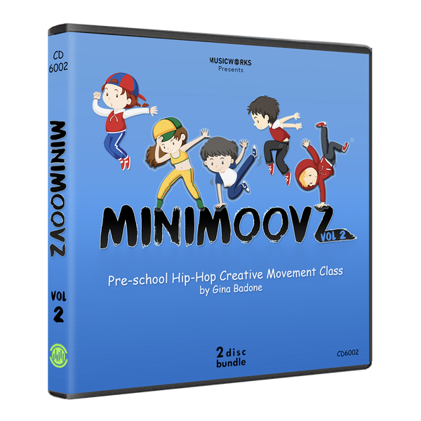 3D case mockup of MiniMoovz Vol. 2 preschool hip-hop CD bundle by Gina Badone