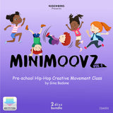 Front cover of MiniMoovz Vol. 3 preschool hip-hop digital download by Gina Badone with cartoon dancers