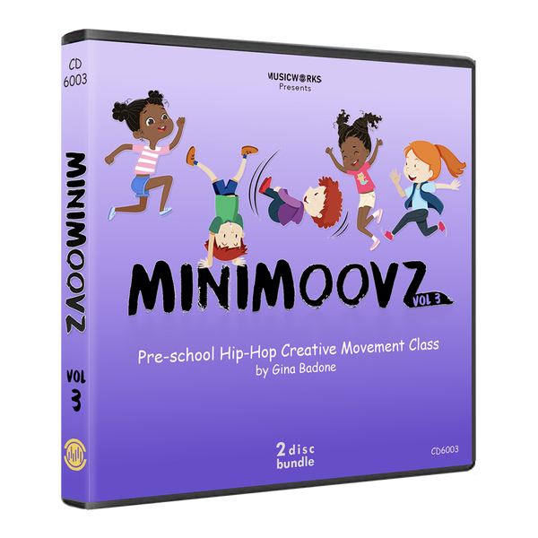 3D case mockup of MiniMoovz Vol. 3 preschool hip-hop CD bundle by Gina Badone
