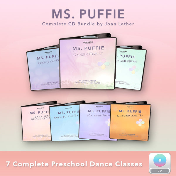 Ms. Puffie CD Bundle cover art featuring seven preschool dance class albums by Joan Lather, displayed in a pastel gradient background with a download icon.