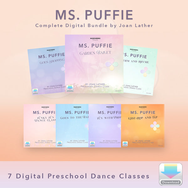 Ms. Puffie Digital Download Bundle cover art featuring seven preschool dance class albums by Joan Lather, displayed in a pastel gradient background with a download icon.