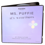 3D mockup of Ms. Puffie Fun with Props preschool dance class by Joan Lather, produced by MusicWorks. Pastel peach and pink gradient cover with Puffie petals logo and whimsical prop-themed artwork.