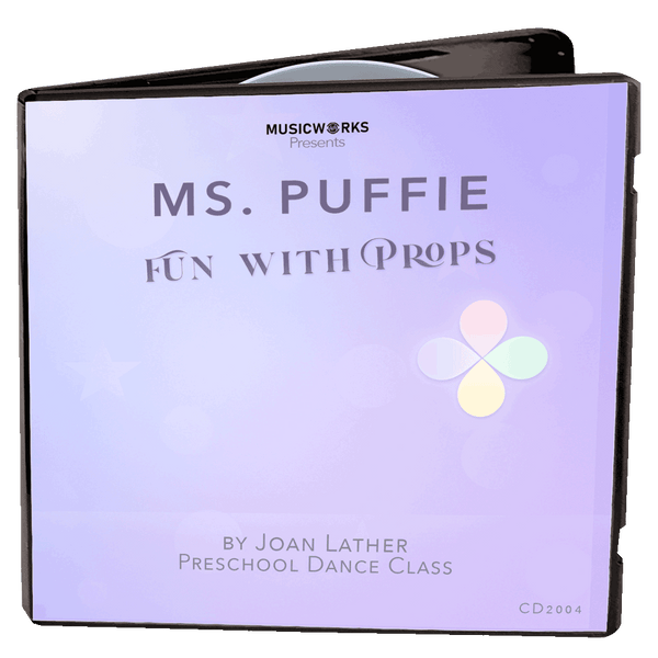3D mockup of Ms. Puffie Fun with Props preschool dance class by Joan Lather, produced by MusicWorks. Pastel peach and pink gradient cover with Puffie petals logo and whimsical prop-themed artwork.