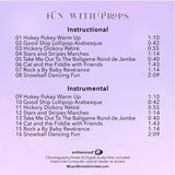 Back cover for Ms. Puffie Fun with Props preschool dance class by Joan Lather, produced by MusicWorks. Features instructional and instrumental tracks using props such as lollipops, stuffed animals, and flags, with enhanced CD teaching notes information.