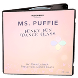 3D mockup of Ms. Puffie Funky Fun Dance Class preschool jazz and hip-hop class by Joan Lather, produced by MusicWorks. Pastel peach gradient cover with Puffie petals logo.